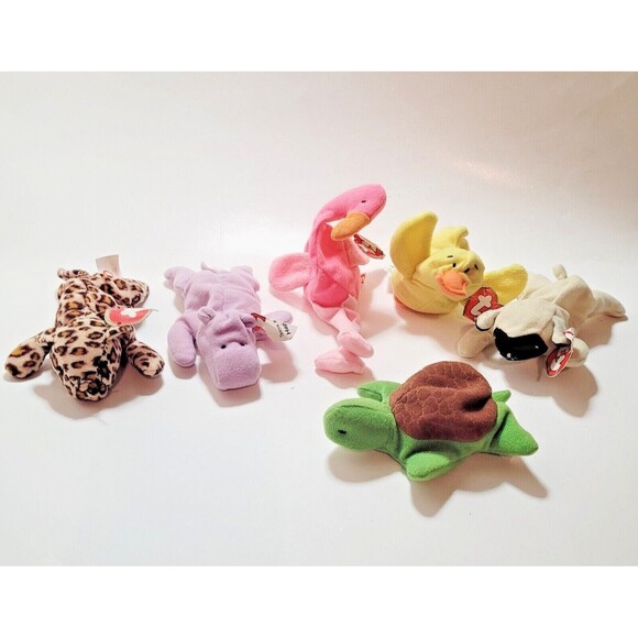 6 pc TY Teenie Beanie Babies 1993 Turtle Chops Happy Pinky Quacks Freckles - Picture 1 of 5